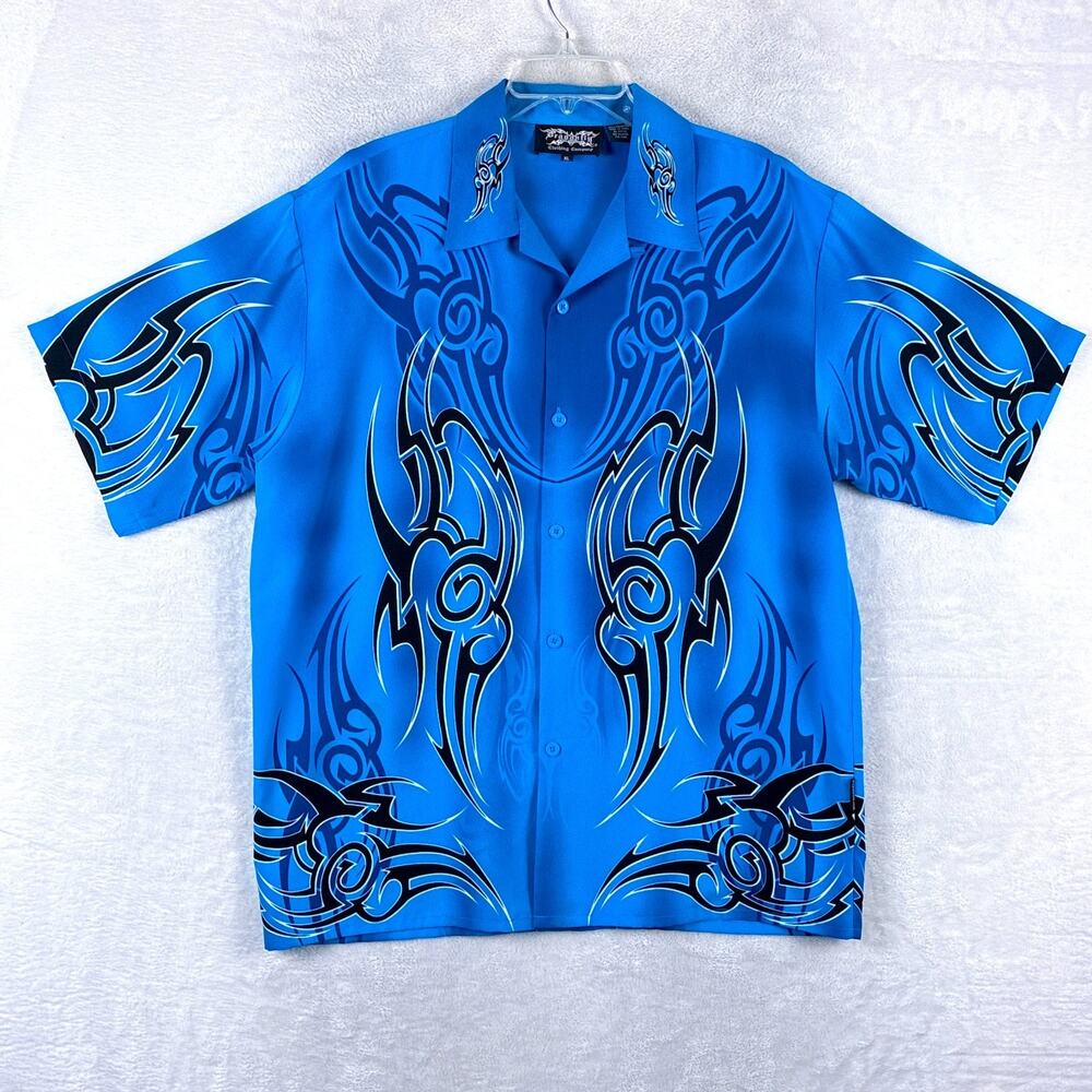 VTG Dragonfly Roadhouse Shirt Mens XL Black Blue Tribal Loop Collar Rockabilly